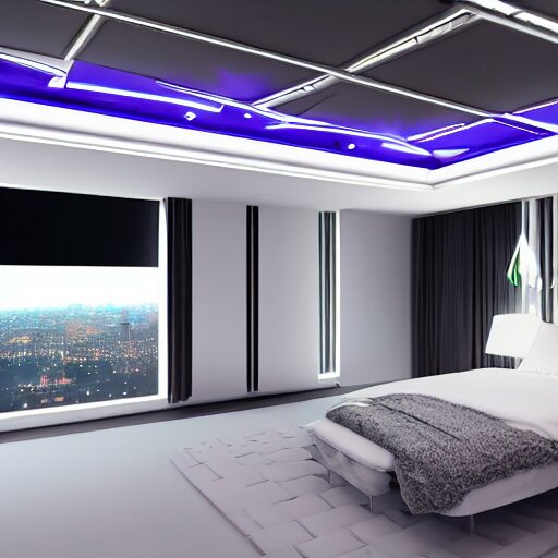 a futuristic luxury white bedroom with ceiling high windows looking out to a cyberpunk cityscape with flying cars, night time, neon lights, cinematic 3d render