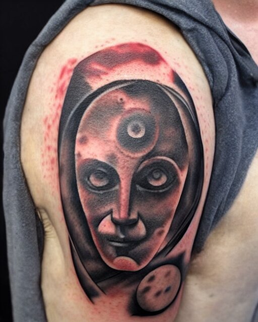 planets on the top of a broken renaissance head statue, realism tattoo design, in the style of matt jordan 