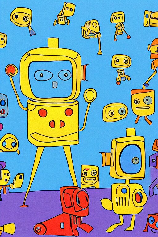 children's book illustration of robots watching tv by margret rey 