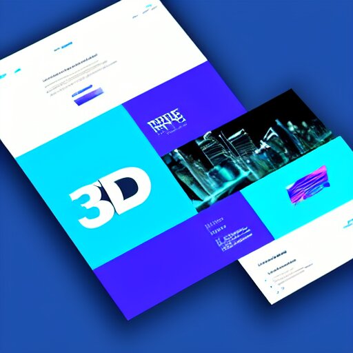 futuristic 3D website brand design portal, blue background with white text, new 4D design layout on the side, pleasing colors and readable fonts, featuring a super modern brand logo image in 5D