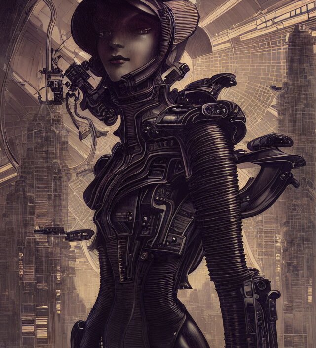 a baroque portrait of a retrofuturistic assassin in light surrounded by advanced architecture. minimalist dark wet architecture with some highly detailed science fiction details, rich colors, high contrast, black shadow level, moody dark background. trending on artstation an ultrafine hyperdetailed colorfull illustration by kim jung gi, moebius, irakli nadar, alphonse mucha, ayami kojima, amano, greg hildebrandt, syd mead and mark brooks, female, feminine, art deco, new baroque, intricate linework, colors by frank frazetta 