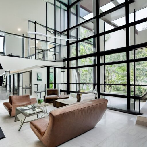 A modern style living room with floor to ceiling glass windows on the left and curved wooden stairs going upstairs on the right, two white sofas with a white marble table in the center, stairs to the second floor, 8k resolution, professional interior design photograph, wide angle photograph