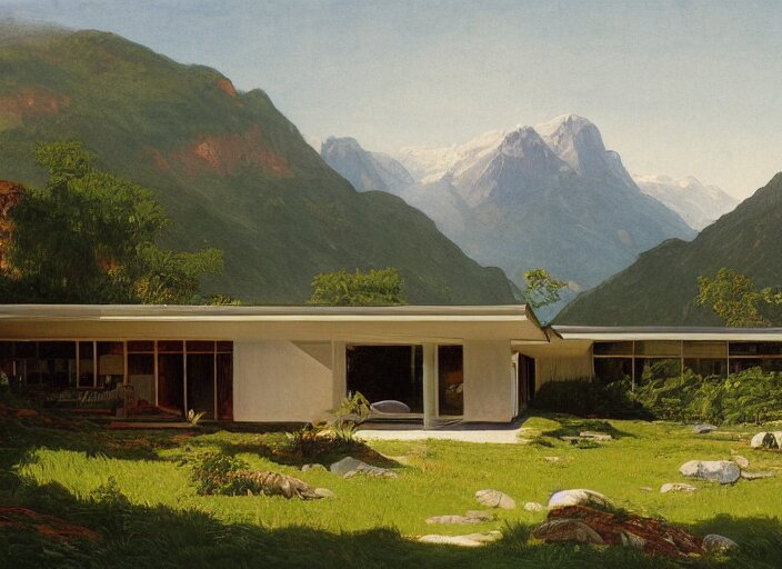 painting of a richard neutra house in front of beautiful mountains by thomas cole 