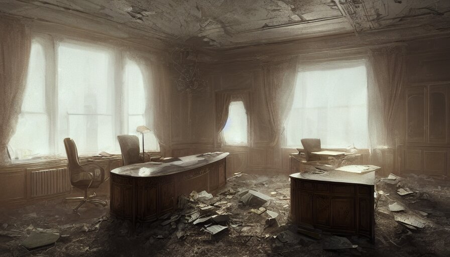 abandoned dusty oval office with lights through broken windows, hyperdetailed, artstation, cgsociety, 8 k 