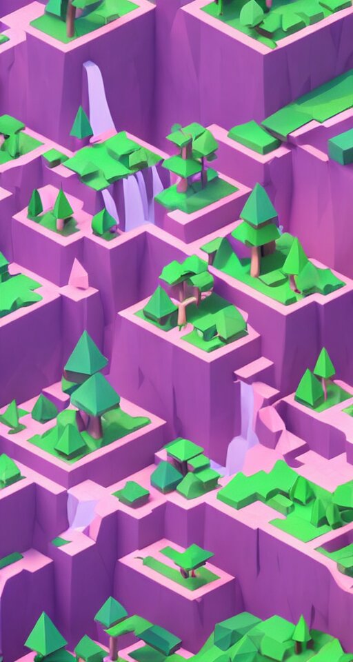 a cute little matte low poly isometric cherry blossom forest island, pink waterfalls, mist, lat lighting, soft shadows, trending on artstation, 3d render, monument valley, fez video game,