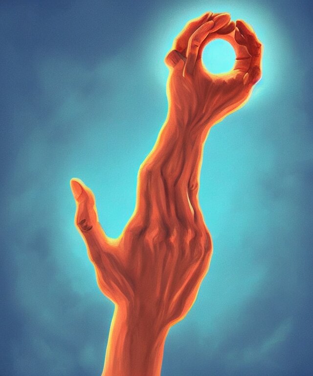 a giant hand reaching from a portal in the sky, in the art style of robbie trovino, digital painting, artstation, instagram, sharp focus, illustration, surrealism 