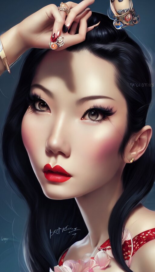 a pin up and beautiful fashion and charming and dreamlke asian girl with lv jewelry, medium shot, art by artgerm & ross tran & wlop, hyperdetailed, 8 k realistic, symmetrical, frostbite 3 engine, cryengine, dof, trending on artstation, digital art 