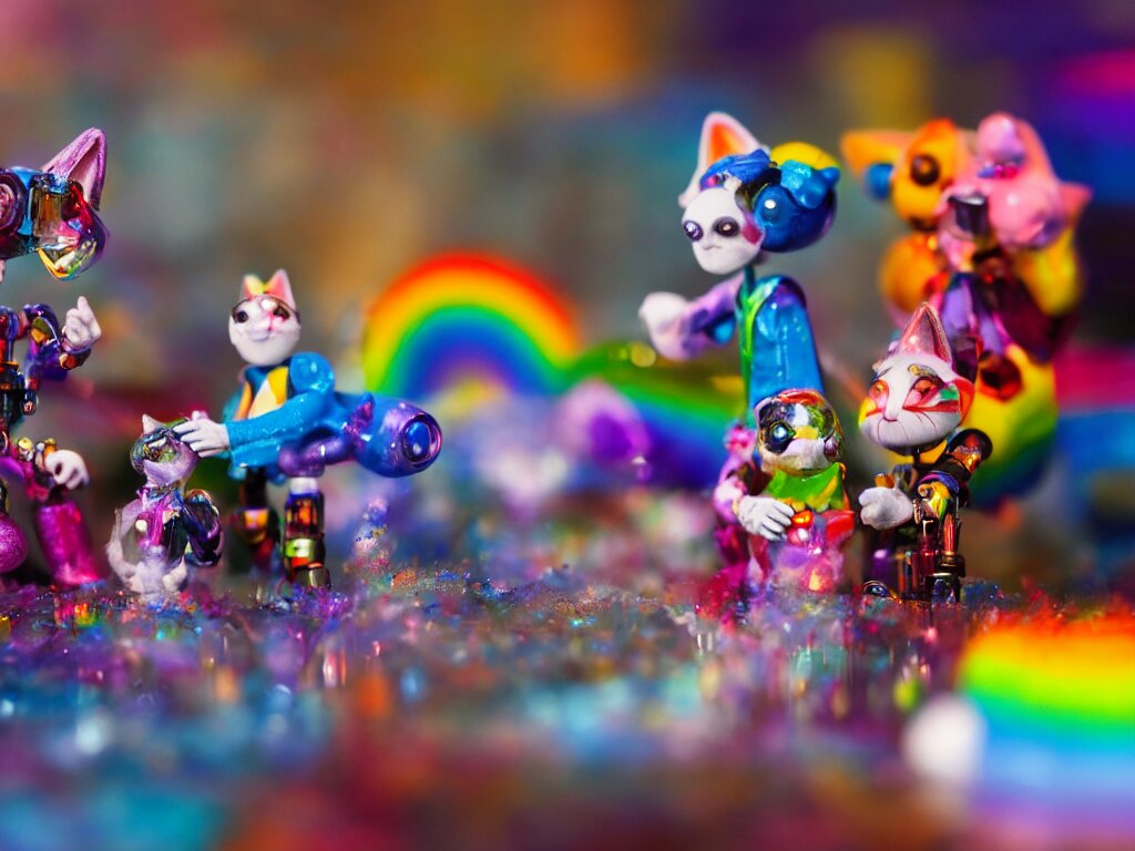 a cinematic film still of a claymation stop motion film, a gay mage and his artist boyfriend in a colorful glass universe, making robotic kittens, shallow depth of field, 8 0 mm, f 1. 8 