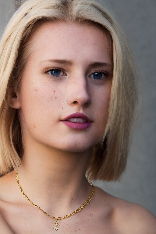 2 4 year old professional blonde female wearing white v - neck top, single gold chain necklace, neck zoomed in, photo realistic, extreme detail skin, light freckles, no filter, slr, golden hour, 4 k, high definition, photograph, selfie 