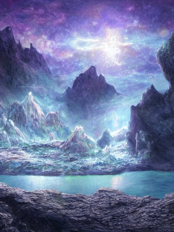 a ultradetailed beautiful concept art of the crystal formation of the prismatic crystal of hope is filled with the wonderful colors of the emotion around it in a forgotten cave lighten by the moon light and reflecting on the surface of a quiet lake, concept art, high resolution 4 k, by artgeem 