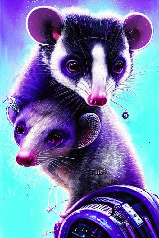 a beautiful portrait of a cute cyberpunk opossum aaaaaaaaaa by sandra chevrier and greg rutkowski and wlop, purple blue color scheme, high key lighting, volumetric light, digital art, highly detailed, fine detail, intricate, ornate, complex, octane render, unreal engine, photorealistic 