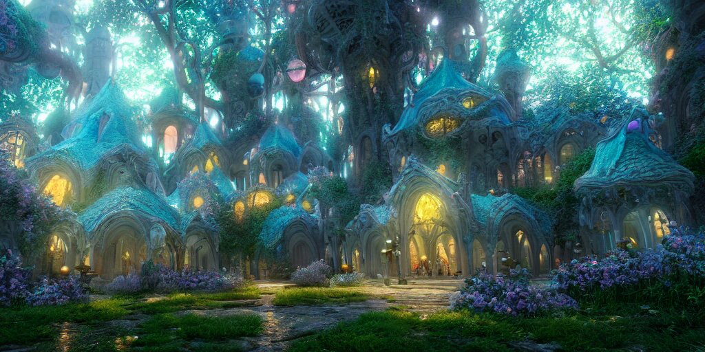 in an ethereal magical fairy city, highly detailed, 8 k, hdr, award - winning, octane render, artstation, volumetric lighting 