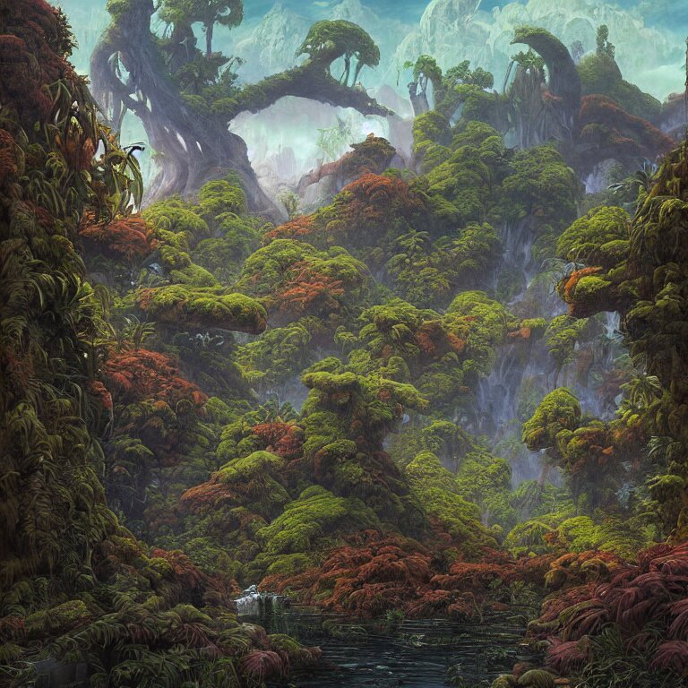 digital painting of a lush natural scene on an alien planet by gerald brom. digital render. detailed. beautiful landscape. wet. 