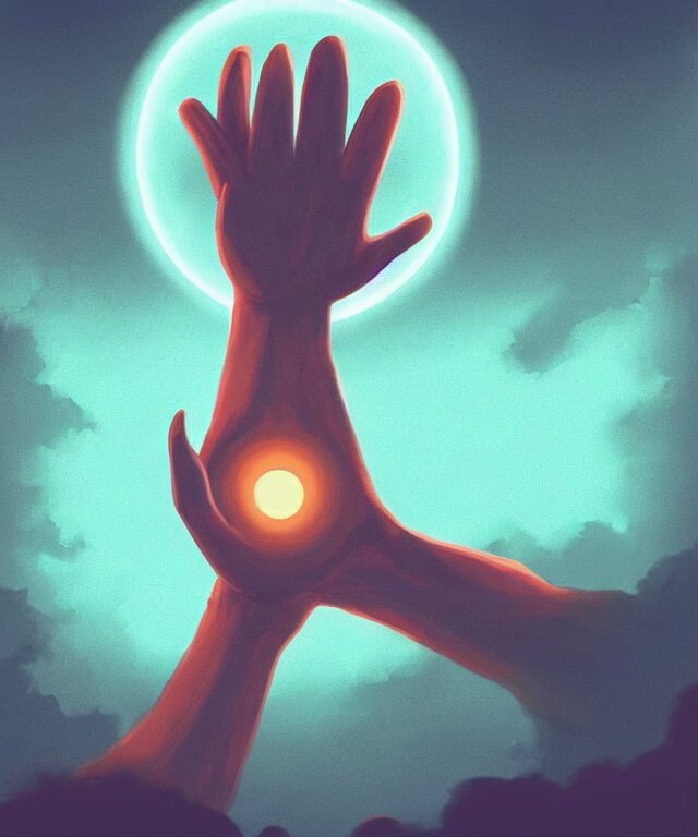 a giant hand reaching from a portal in the sky, in the art style of robbie trovino, digital painting, artstation, instagram, sharp focus, illustration, surrealism 