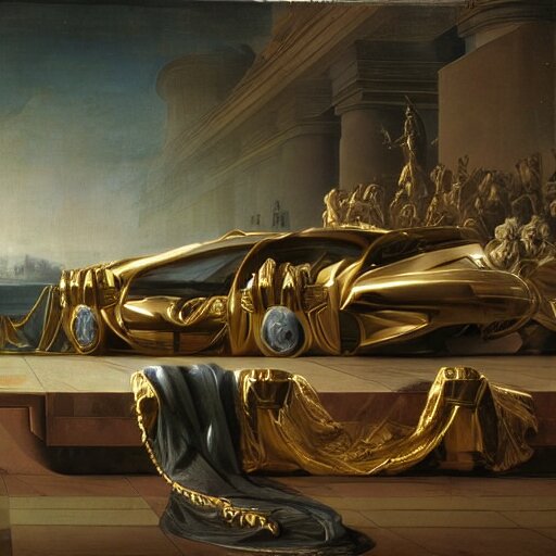 sci-fi car dynamic organic forms structure car and wall structure in the coronation of napoleon painting by Jacques-Louis David black ceramic metal material shiny gloss water reflections search pinterest keyshot product render 4k