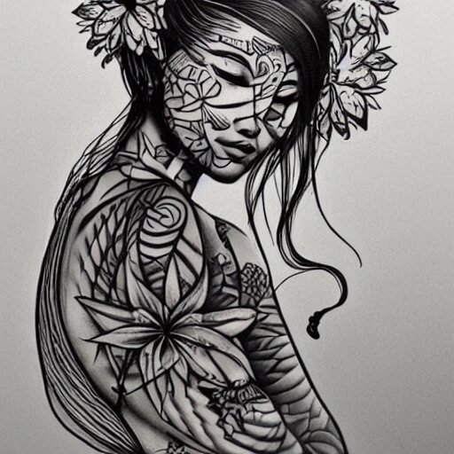 tattoo design, stencil, beach photography, tattoo stencil, traditional, beautiful portrait of a traditional Hawaiian girl with flowers in her hair, upper body, by artgerm, artgerm, artgerm, digital art, cat girl, anime eyes, anime, sexy, super model-s 100