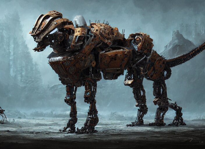 detailed full body concept art illustration oil painting of a robotic animal with intricate fur and armor, ultra detailed, digital art, octane render, dystopian, zero dawn, 4k