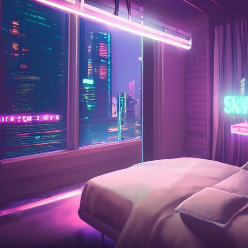 « inside a girl room, cyberpunk vibe, neon glowing lights, sharp focus, photorealistic, unreal engine 5, girl in the bed, window that shows the skyscrapers in the background » 