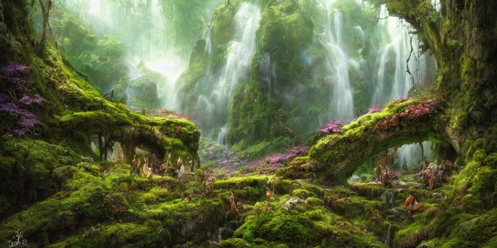 fairyland scenery landscape, lord of the rings, waterfalls, monoliths, flowers, mushroom structures, moss highly detailed, vivid color, perfect lighting, perfect composition, 8 k, brian froud, artgerm, derek zabrocki, greg rutkowski 