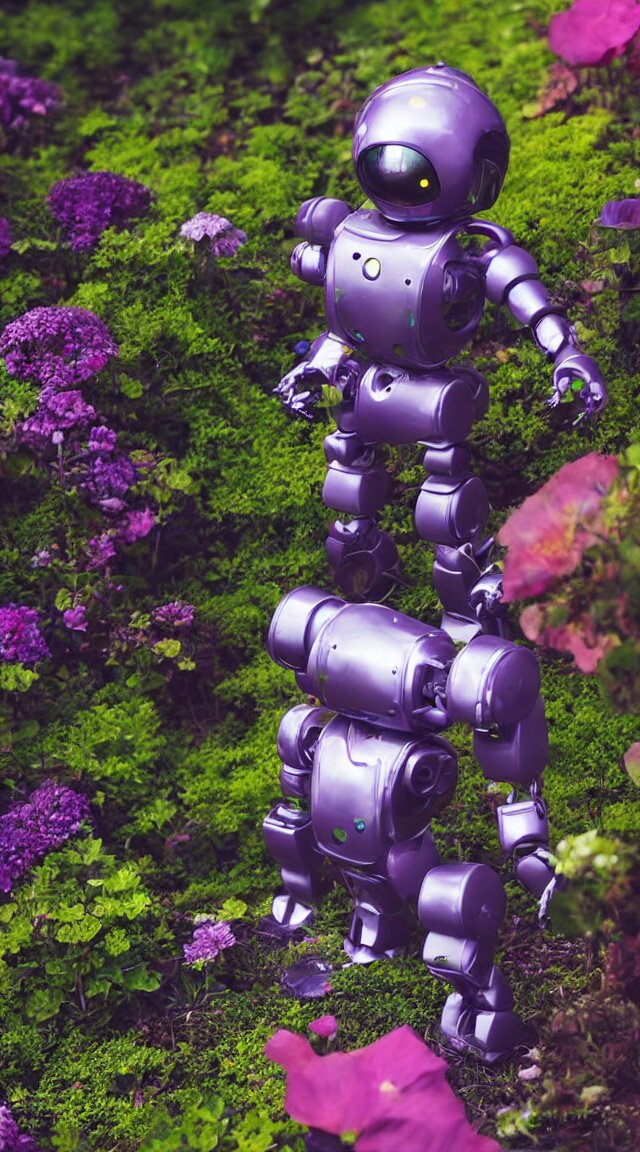 small toy robot in a garden, hyper detailed, sharp focus, bokeh, unreal engine, ray tracing, cute, fantasy, sci fi, purple lights, tiny, small 