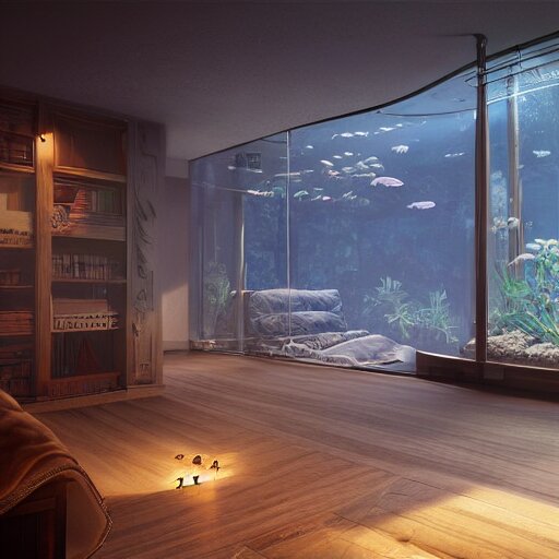 a spacious room with freshwater aquariums as walls, dim light, hyper realistic, ambient lighting, concept art, intricate, hyper detailed, smooth, dynamic volumetric lighting, octane, raytrace, cinematic, high quality, high resolution, 4 k, cgsociety, rutkowski, gurney 