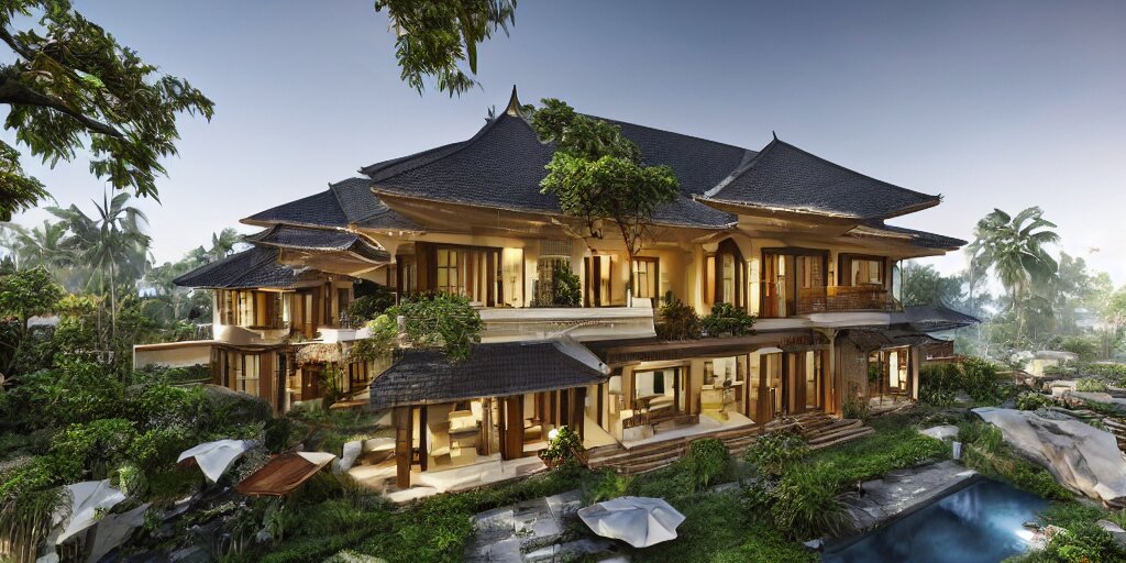 3d rendering  of beautiful nature meets architecture concept of a residential house. balinese architecture, volumetric lighting, luxury, high detail, 14mm, cinematic photography, cg architects,  high resolution