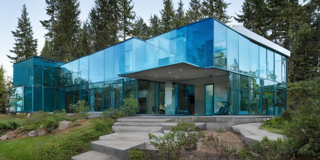 large futuristic residence, cascadian, blue concrete, large green glass windows, cuboid elements, blue metal 