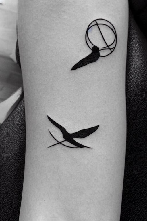 a beautiful tattoo design of minimalist swallows flying into spherical lines and simple basic shapes, black ink, abstract logo, line art 