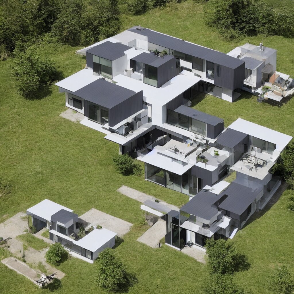 hybrid modern home mixed with a drone, a drone home, hovering over a field 