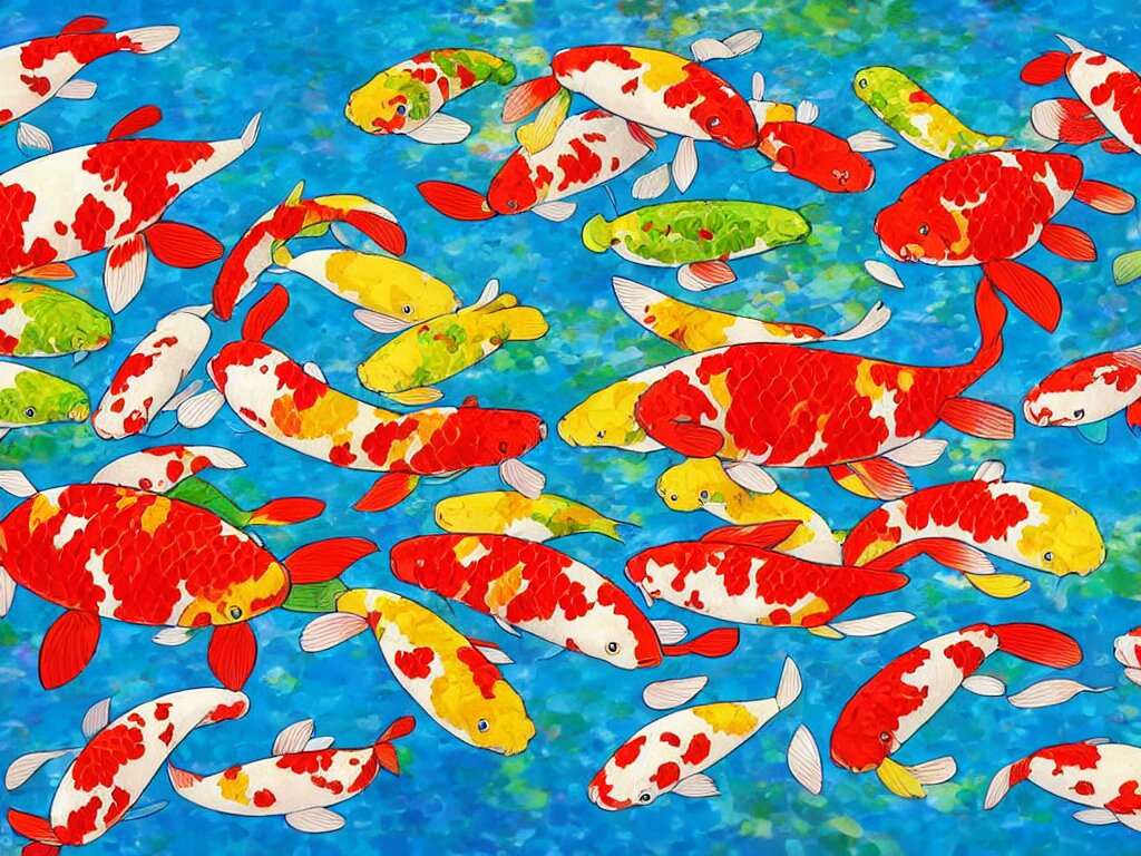 Lexica - Colorful koi carp in a waterly pond, illustration, concept art ...