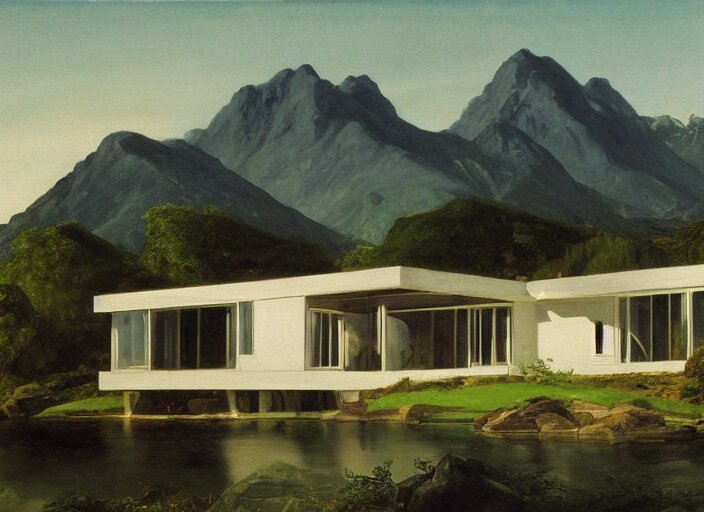 painting of a richard neutra house in front of beautiful mountains by thomas cole 