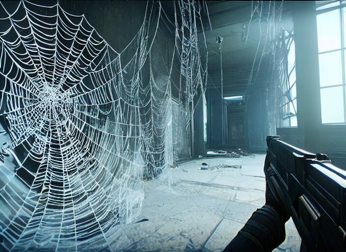 large spider web infested hallway in destiny 2, liminal, dark, dystopian, abandoned, highly detailed 4 k 6 0 fps in - game destiny 2 gameplay screenshot leak 