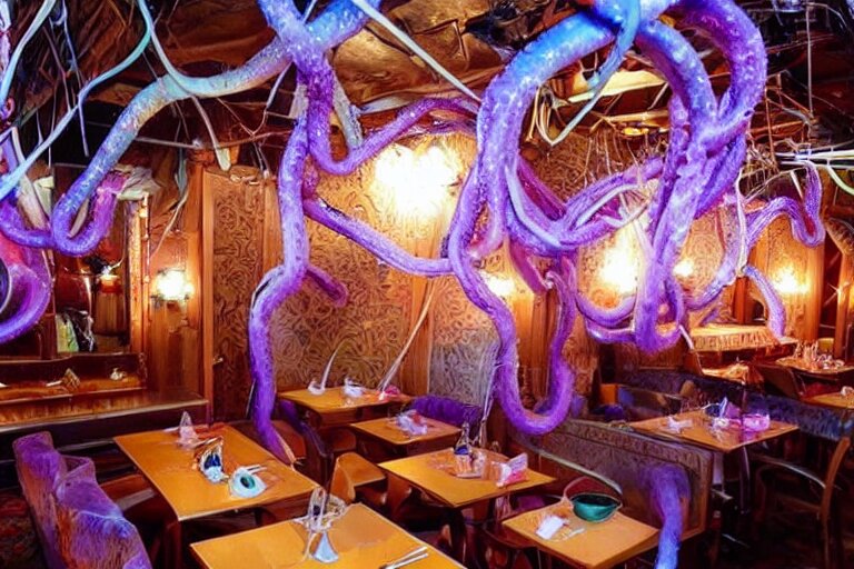 magical restaurant serving tentacle-spaghetti to wizards