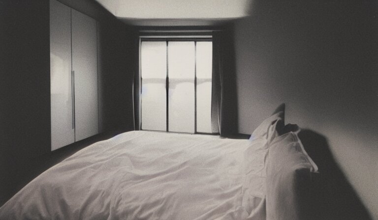 A bedroom designed by Peter Saville, 35mm film, long shot