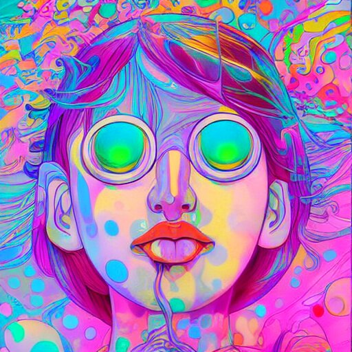 a psychedelic portait of a girl by takashi murakami,, beeple and james jean, aya takano color style, 4 k, super detailed, night sky, digital art, digital painting, celestial, majestic, colorful 