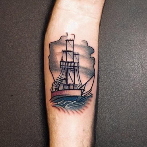 a pirate ship sailing in the sea, realism tattoo design with amazing shades, clean white paper background, in the style of david vega