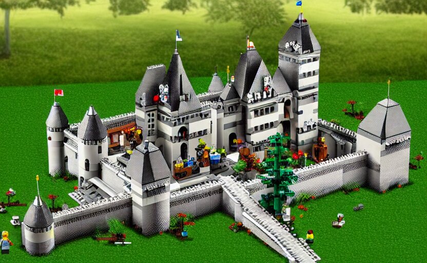 a realistic detailed accurate Lego set of a medieval French castle on a forested green hill