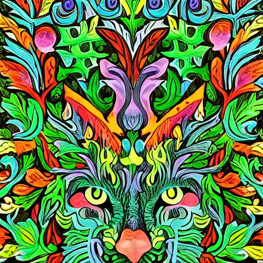 colourful ornate decorative green man as a cat face by louis wain and william morris, closeup, twisting leaves, abstract psychedelic, 8 k, artstation 