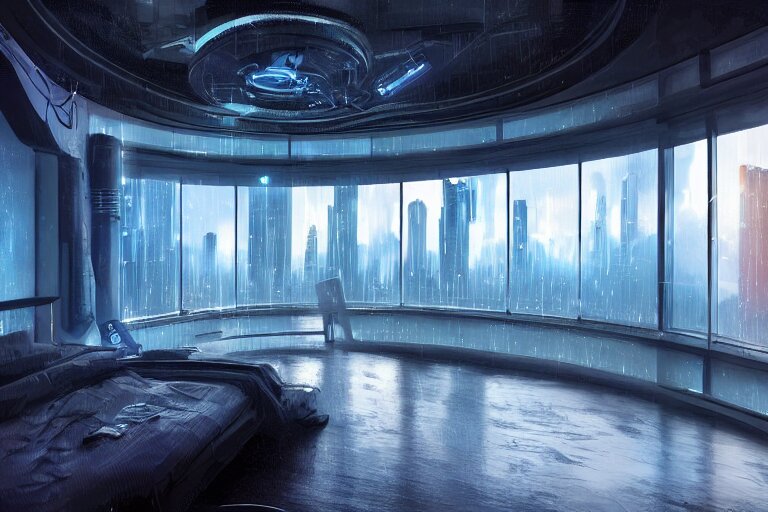 a futuristic bedroom with large curved ceiling high windows looking out to a far future cyberpunk cityscape, cyberpunk neon lights, raining, scifi