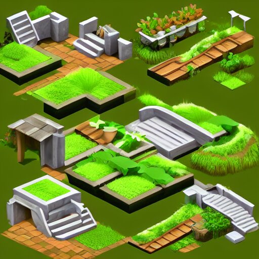 3 d mobile game prop pack is an isometric stairs but with an organic natural design that is based on different grass items - like plants with grass all inspired artstation stylized nature. around the stair, we can see flowers, grass, bushes. all in isometric perspective and semi - realistic style white background 