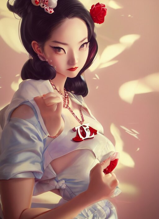 a pin up and beautiful fashion dreamlke japan girl with lv jewelry, character art, art by artgerm, wlop, loish, ilya kuvshinov, hyperdetailed, 8 k realistic, symmetrical, global illumination, radiant light, frostbite 3 engine, cryengine, dof, trending on artstation, digital art, chanel, dior, fantasy and detailed and intricate background 