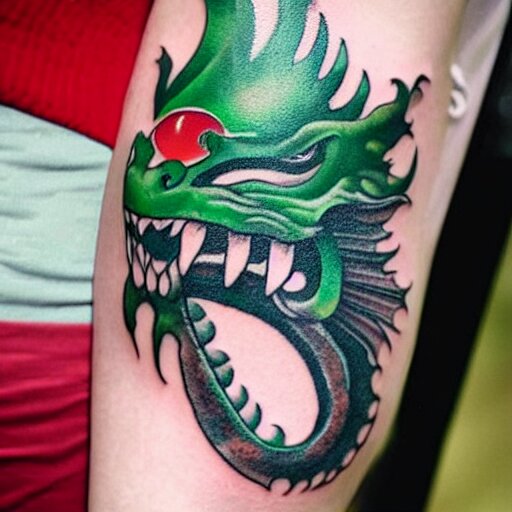 forearm tattoo of a dragon with a green emerald in its mouth, dark and vibrant forearm tattoo