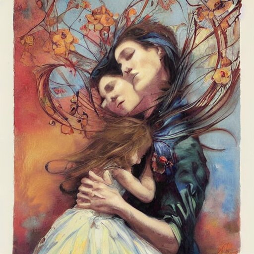 by john larriva, by aaron horkey emotive. a beautiful painting harmony of colors, simple but powerful composition. a scene of peaceful domesticity, with a mother & child in the center, surrounded by a few simple objects. colors are muted & calming, serenity & calm. 