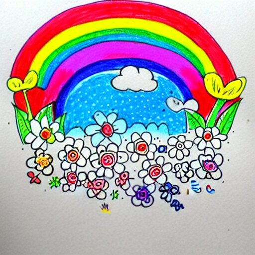 fun doodle characters, flowers, rainbows, toilet seats, drawn with a fineliner pen on a white paper 