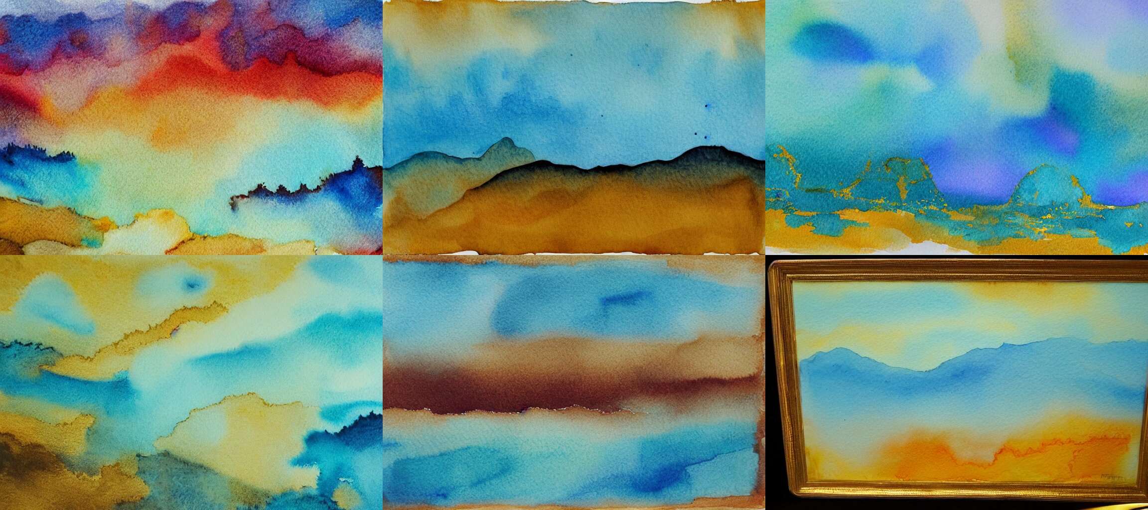 Gold and cyan landscape, watercolors