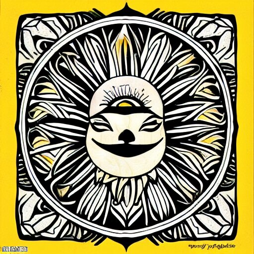 tattoo sketch on yellow paperp, polynesian style, sun hugging the cat, maori, ornament
