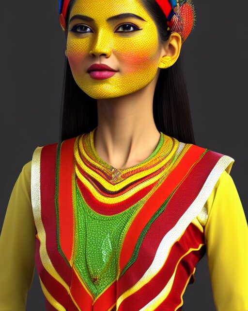 a beautiful cute girl wearing modern stylish costume in the style of Assamese bihu mekhela sador gamosa design, commercial fashion design art by Victor Nizovtsev, face by artgerm and daz3d genesis iray, cinematic lightning, medium shot, mid-shot, slim female figure ramp walk model pose, highly detailed, trending on Artstation, Unreal Engine 4k, cinema 4d ray traced 8k fabric texture details, octane render