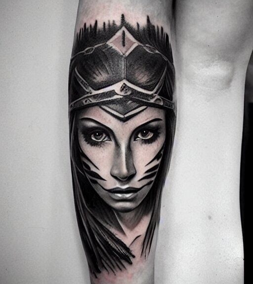 tattoo design of a beautiful girl warrior below a tiger head, hyper realistic, realism tattoo, by eliot kohek, beautiful eyes, realistic face, black and white, white background 