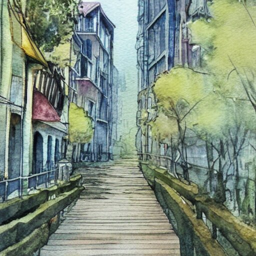 Wooden footpath next to narrow canal between buildings in beautiful overgrown futuristic sci-fi city in harmony with nature. Nice colour scheme, soft warm colour. Beautiful detailed watercolor by Lurid. (2022)