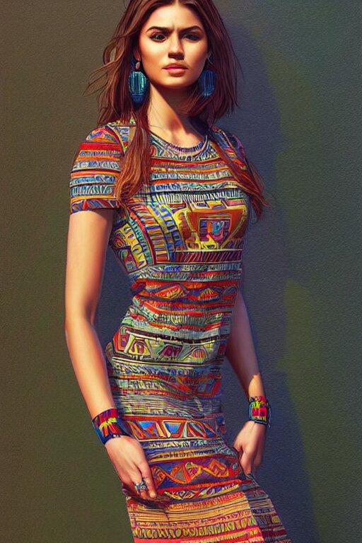 full body photo of a gorgeous young woman wearing an aztec dress in the style of stefan kostic, realistic, sharp focus, 8k high definition, insanely detailed, intricate, elegant, art by stanley lau and artgerm